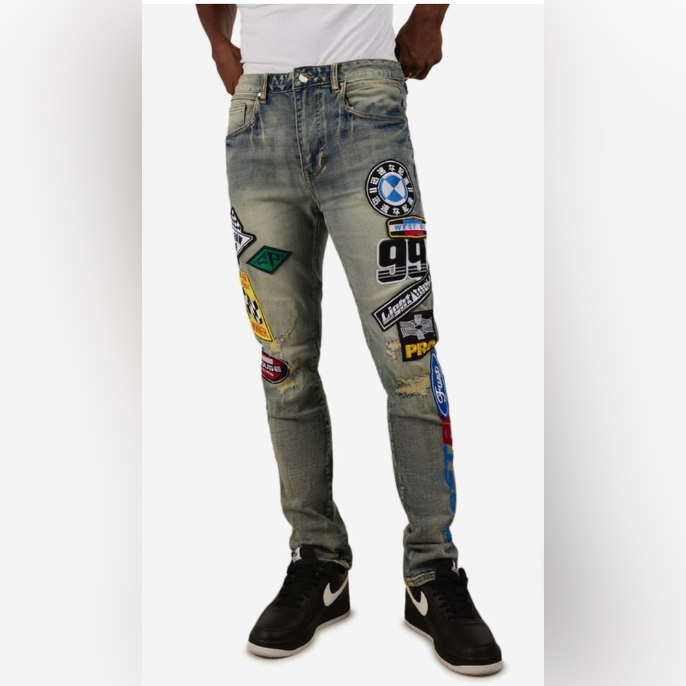 NWT FIRST ROW Graphic Denim Racing Jeans, Various Sizes
